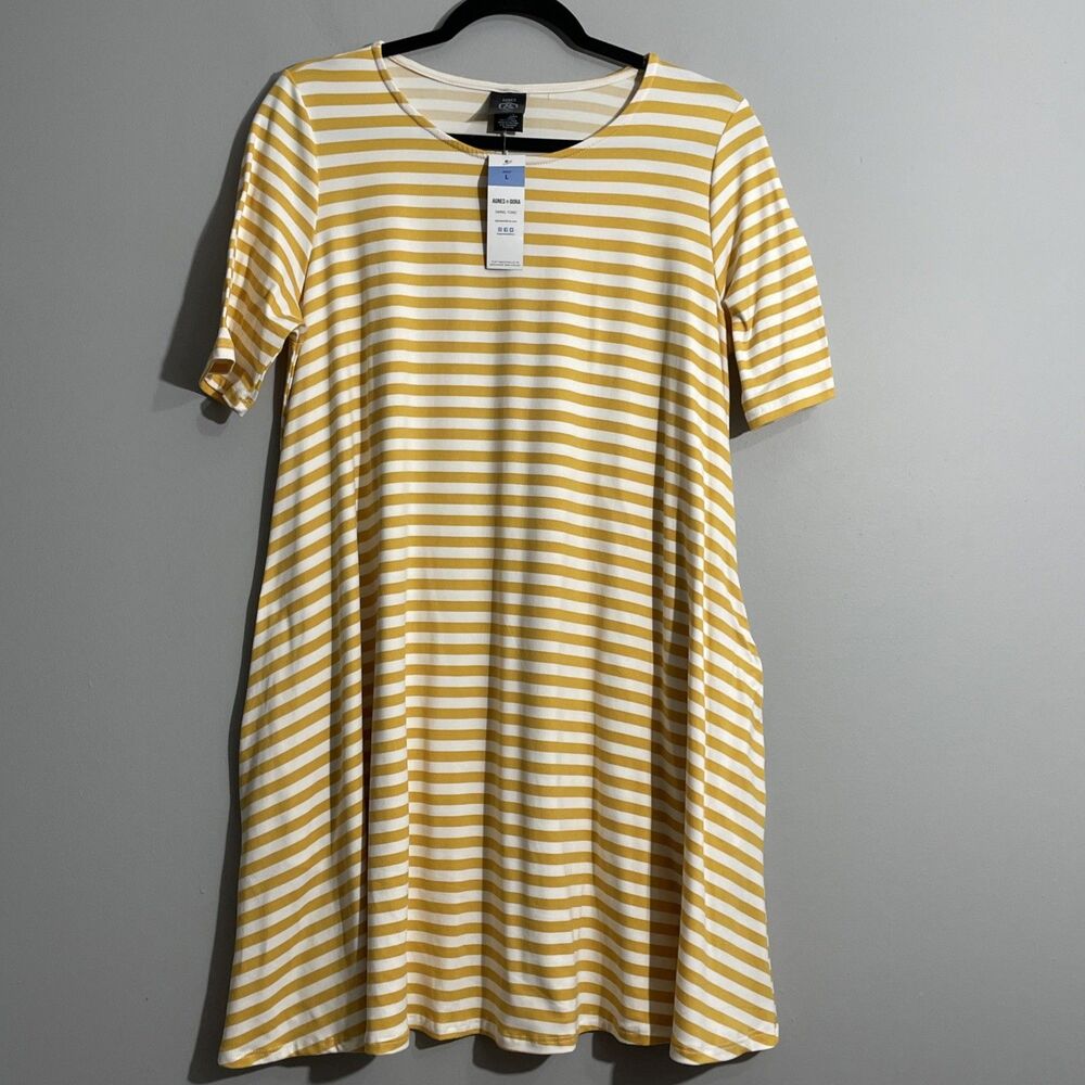 Agnes & Dora Women’s Soft Feminine Yellow Striped Swing Dress with Pockets NWT L